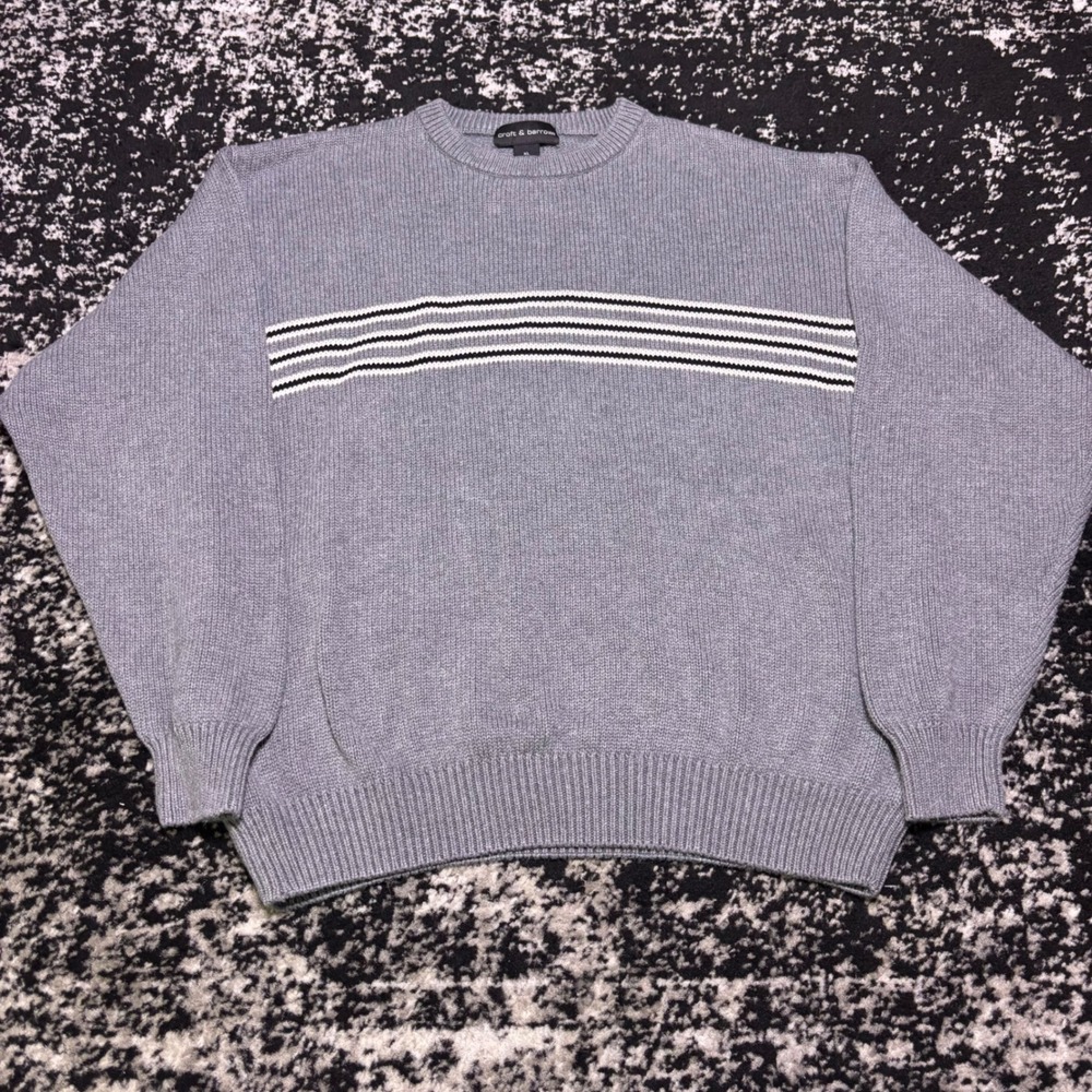 Vintage Croft & Barrow Men XL Gray Striped Crewneck Sweater 100% Cotton Y2K